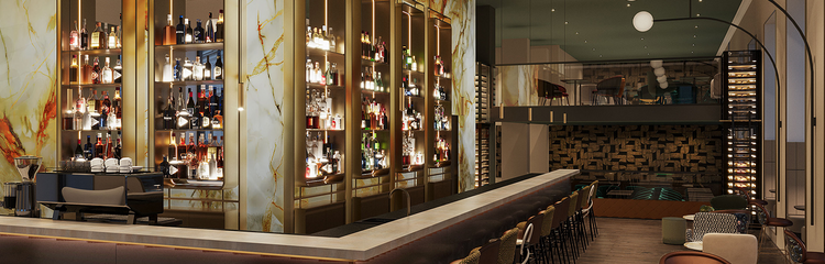 Hotel Wien Staatsoper The Cloud One Rendering Bar mit Theke, bequemen Barhockern und warmem Licht. Regale mit Spirituosen hinter der Bar schaffen ein einladendes Ambiente für entspannte Abende. Gemütliche Sitzbereiche ergänzen das stilvolle Interieur.