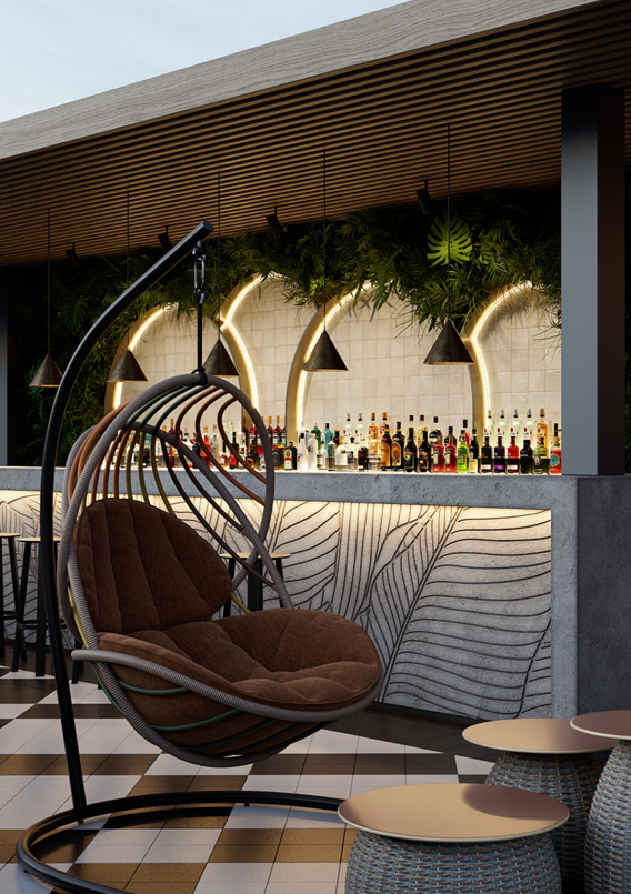 Außenbar mit moderner Lounge-Atmosphäre, gemütlichen Hängesesseln und stilvoller Beleuchtung. Blick auf elegante Sitzbereiche und eine gut bestückte Bar, ideal für entspannte Abende im Freien.
